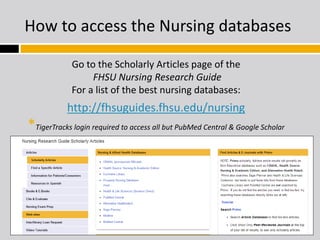 How to access the Nursing databases 
Go to the Scholarly Articles page of the 
FHSU Nursing Research Guide 
For a list of the best nursing databases: 
http://fhsuguides.fhsu.edu/nursing 
*TigerTracks login required to access all but PubMed Central & Google Scholar 
 