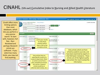 CINAHL (SIN-awl) Cumulative Index to Nursing and Allied Health Literature 
Cinahl offers more 
limiting options 
than most 
databases, which 
lets you perform a 
very precise 
search. To start 
with, however, Full- 
Text, Peer- 
Reviewed and 
perhaps Research 
Article are 
sufficient. If you 
select too many 
limits, you may not 
find anything. 
Limits your results 
to only those 
citations which 
have a link to the 
complete article 
Only articles that are 
reporting the results of a 
research experiment. Note: 
an article can be from a 
peer-reviewed journal but 
still not be a research 
article (could be an 
editorial, book review, etc.) 
Only articles which are from 
scholarly academic journals, and 
have been examined by experts in 
that field (peer-reviewers). These 
articles are of the highest quality 
and contain the most trustworthy 
information. 
 