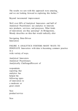The results we saw with this approach were amazing,
and we are looking forward to exploring this further.”
Beyond incremental improvement
Well over 80% of Analytical Innovators and half of
Analytical Practitioners use analytics to innovate
new products, services, and processes. What kinds
of innovations are they pursuing? At Bridgestone,
Moody describes an idea that would radically alter
Navigating Data-Driven
Innovation
FIGURE 4: ANALYTICS FOSTERS MANY WAYS TO
INNOVATE Innovation with data is becoming common practice
in a
wide variety of ways.
Analytical Innovators
Analytical Practitioners
Analytically ChallengedPercent of
respondents
reporting that
analytics has
helped the
following types
of innovation to
a moderate or
great extent
New
product/service
New
 