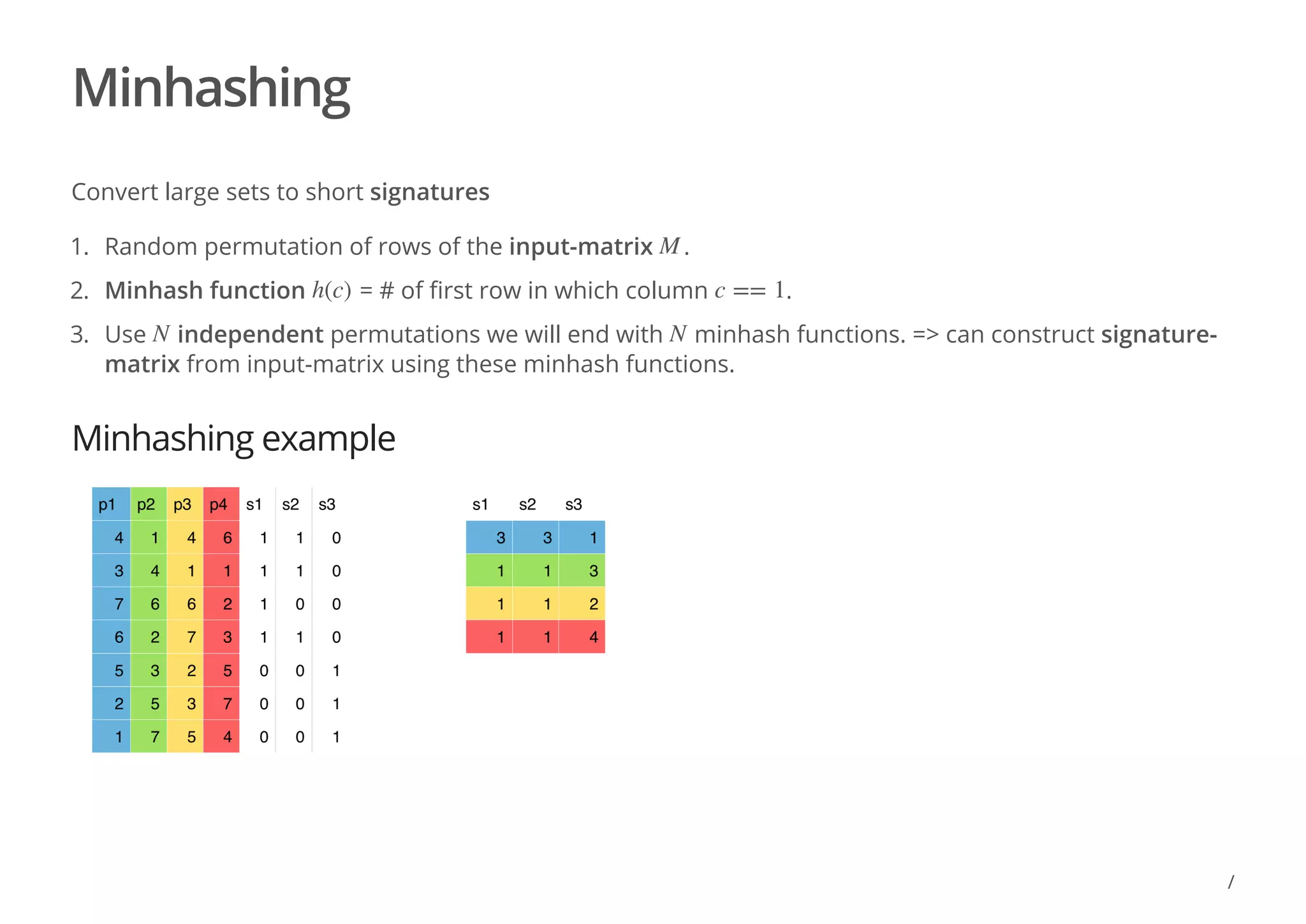 Minhashing
Convert large sets to short signatures
Minhashing example
1. Random permutation of rows of the input-matrix .
2. Minhash function = # of first row in which column .
3. Use independent permutations we will end with minhash functions. => can construct signature-
matrix from input-matrix using these minhash functions.
M
h(c) c == 1
N N
/
 