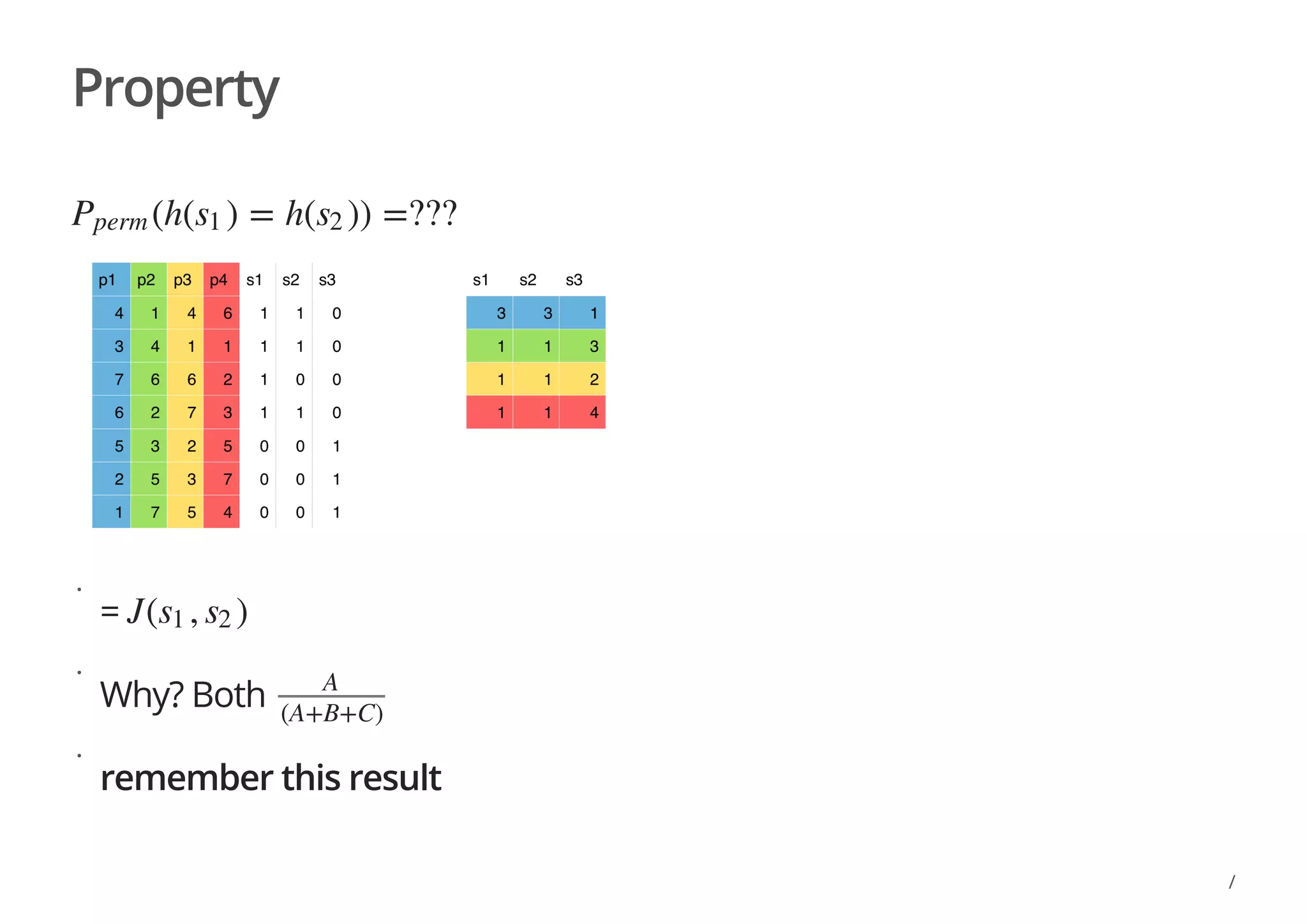 Property
(h( ) = h( )) =???Pperm s1 s2
=
Why? Both
remember this result
·
J( , )s1 s2
· A
(A+B+C)
·
/
 