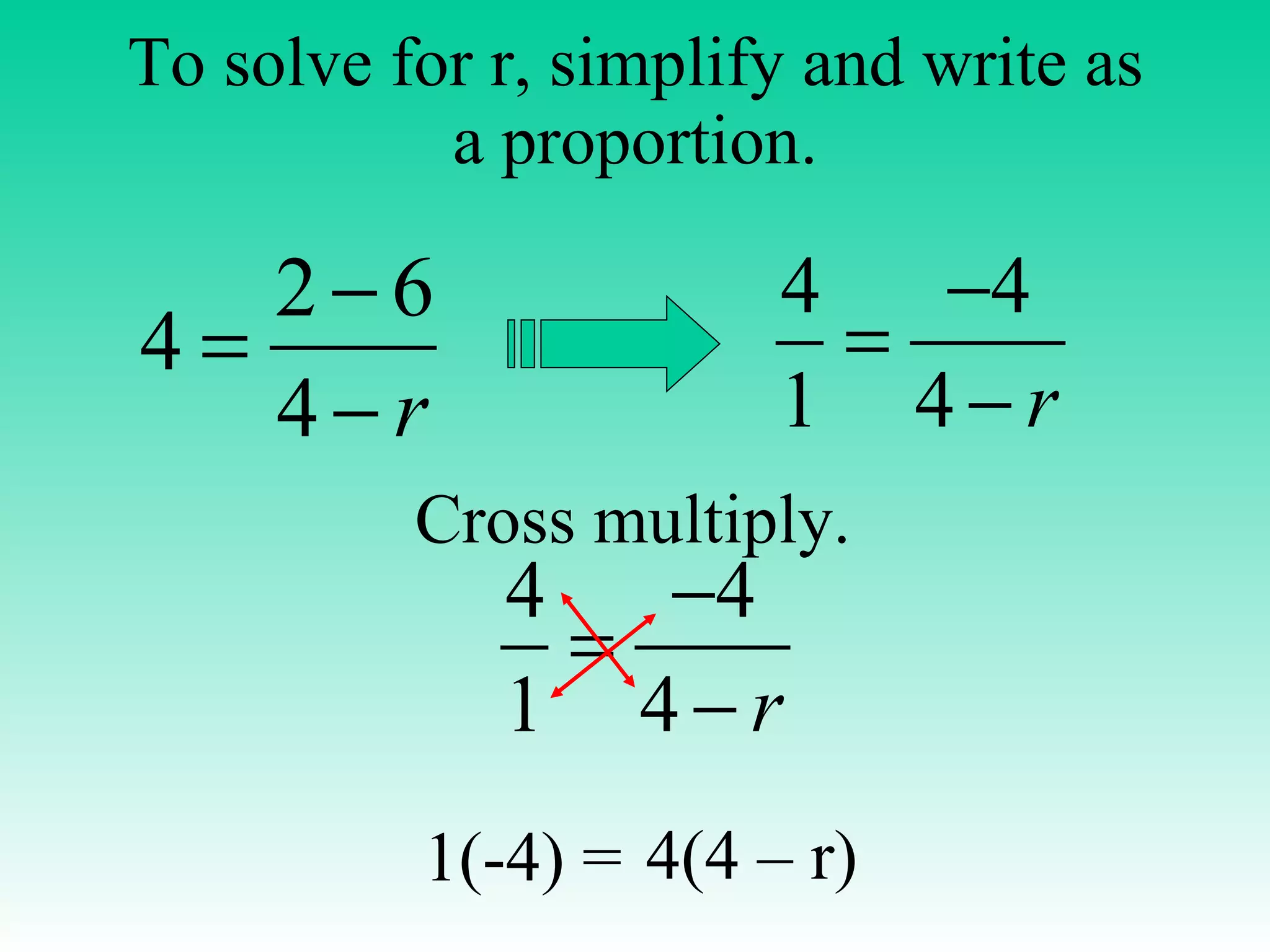 To solve for r, simplify and write as a proportion. Cross multiply. 1(-4) = 4(4 – r) 
