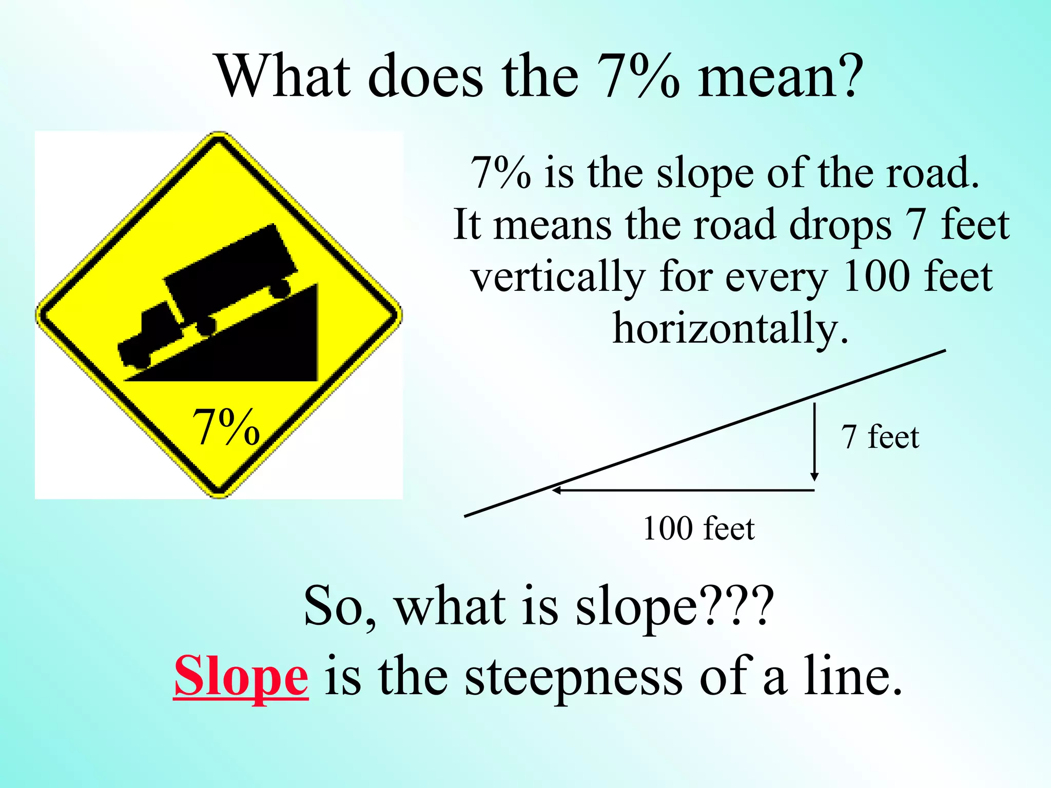What does the 7% mean? 7% is the slope of the road.  It means the road drops 7 feet vertically for every 100 feet horizontally. So, what is slope??? Slope  is the steepness of a line. 7% 7 feet 100 feet 