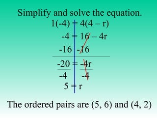 Simplify and solve the equation. 1(-4) = 4(4 – r) -4 = 16 – 4r -16  -16 -20 = -4r -4  -4 5 = r The ordered pairs are (5, 6) and (4, 2) 