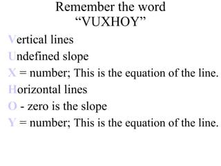 Remember the word “VUXHOY” V ertical lines U ndefined slope X  = number;  This is the equation of the line. H orizontal lines O  - zero is the slope Y  = number;  This is the equation of the line. 