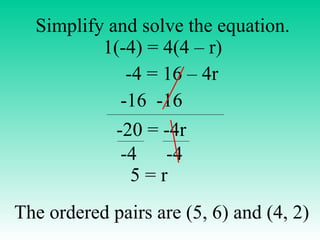 Simplify and solve the equation. 1(-4) = 4(4 – r) -4 = 16 – 4r -16  -16 -20 = -4r -4  -4 5 = r The ordered pairs are (5, 6) and (4, 2) 