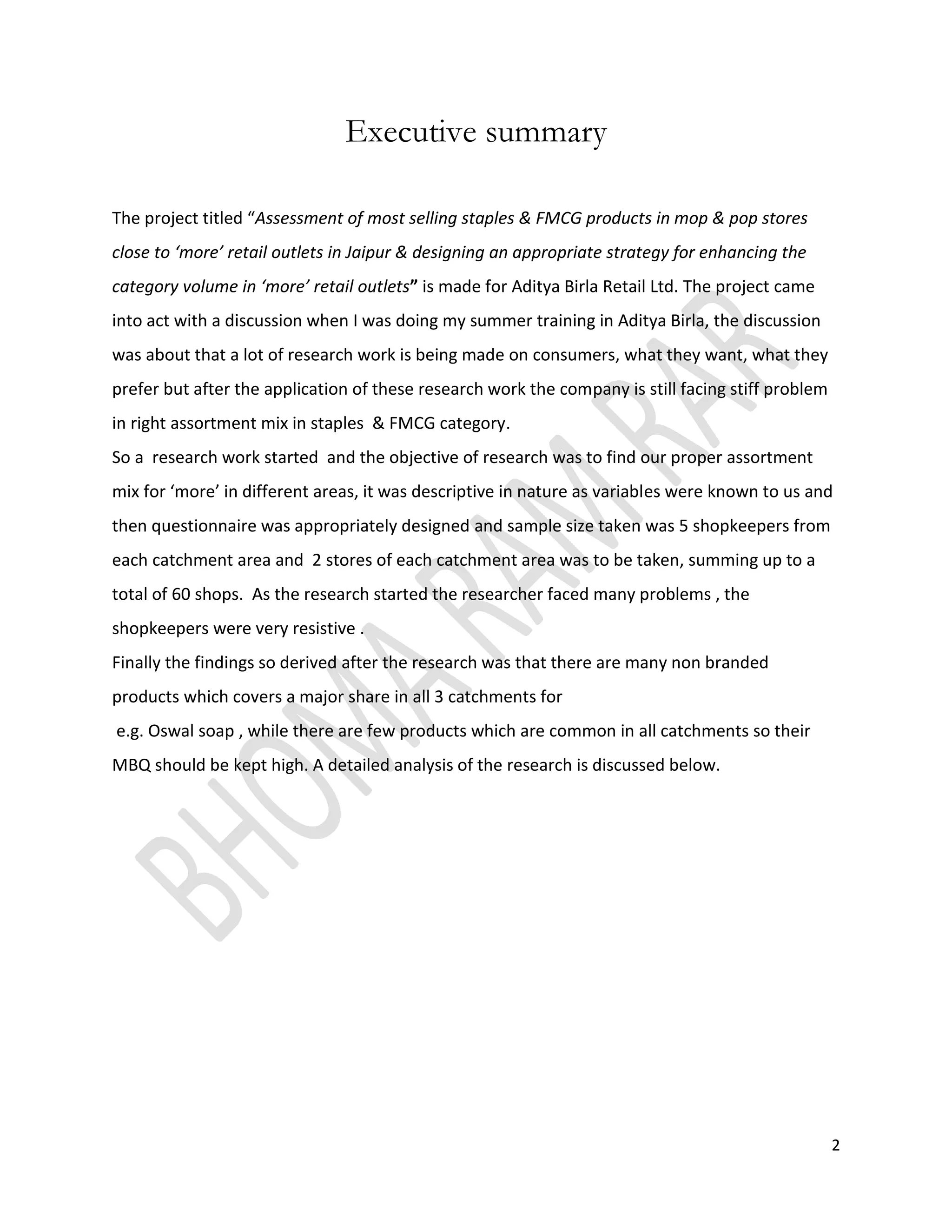 “Assessment of most selling staples & FMCG products in mop & pop stores close to ‘more’ retail outlets in Jaipur & designing an appropriate strategy for enhancing the category volume in ‘more’ retail outlets”