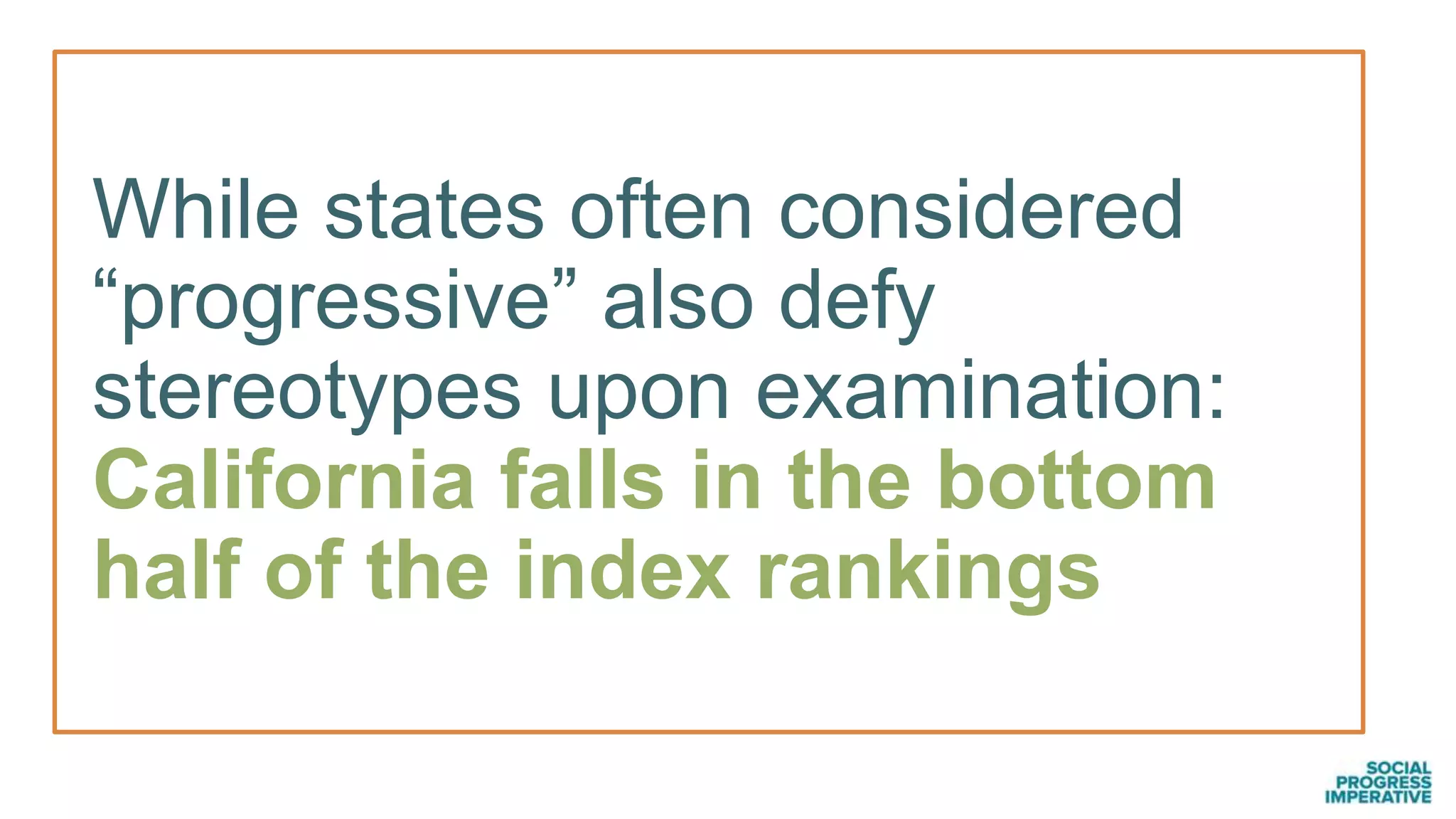 While states often considered
“progressive” also defy
stereotypes upon examination:
California falls in the bottom
half of the index rankings
 