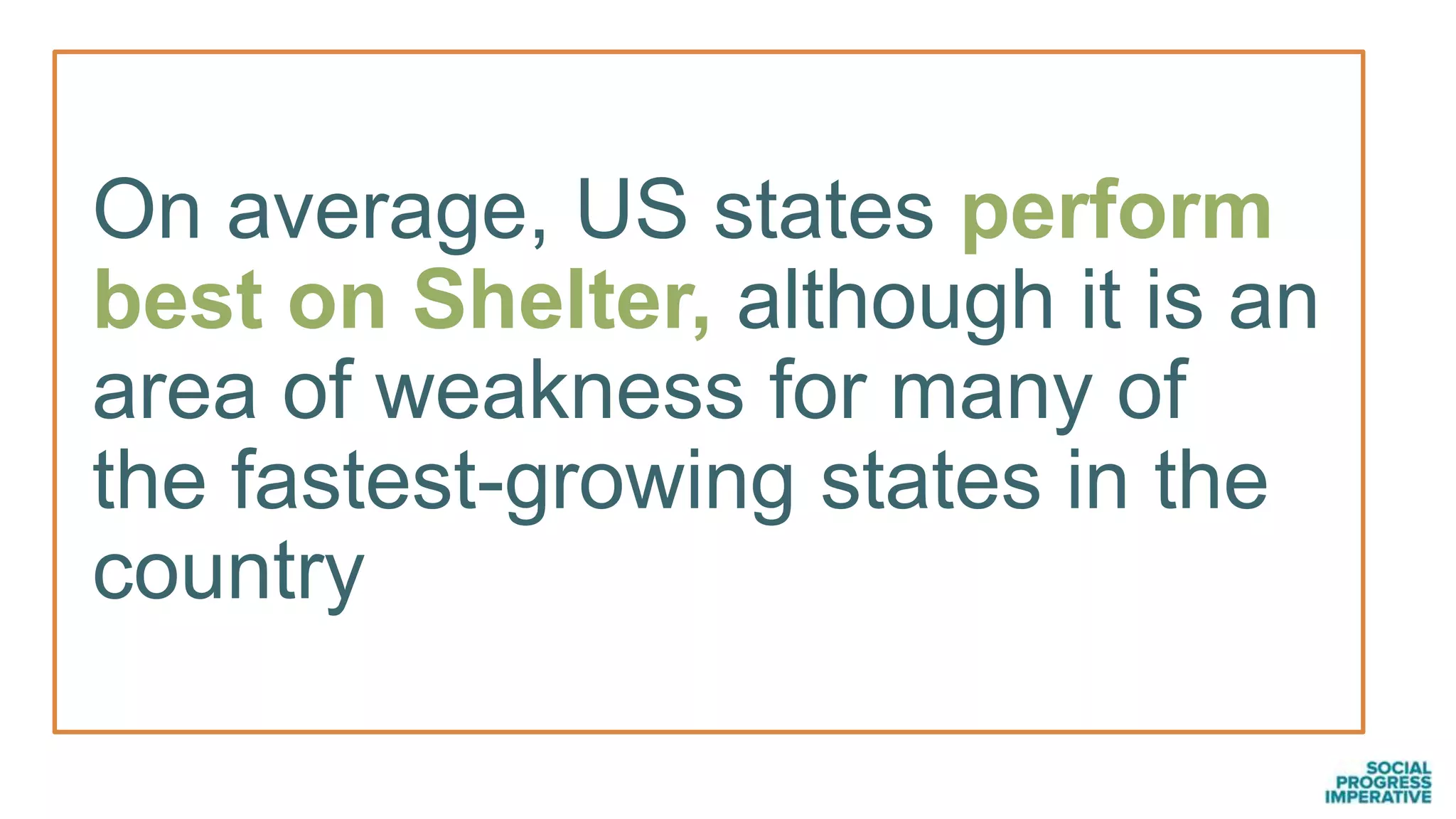 On average, US states perform
best on Shelter, although it is an
area of weakness for many of
the fastest-growing states in the
country
 