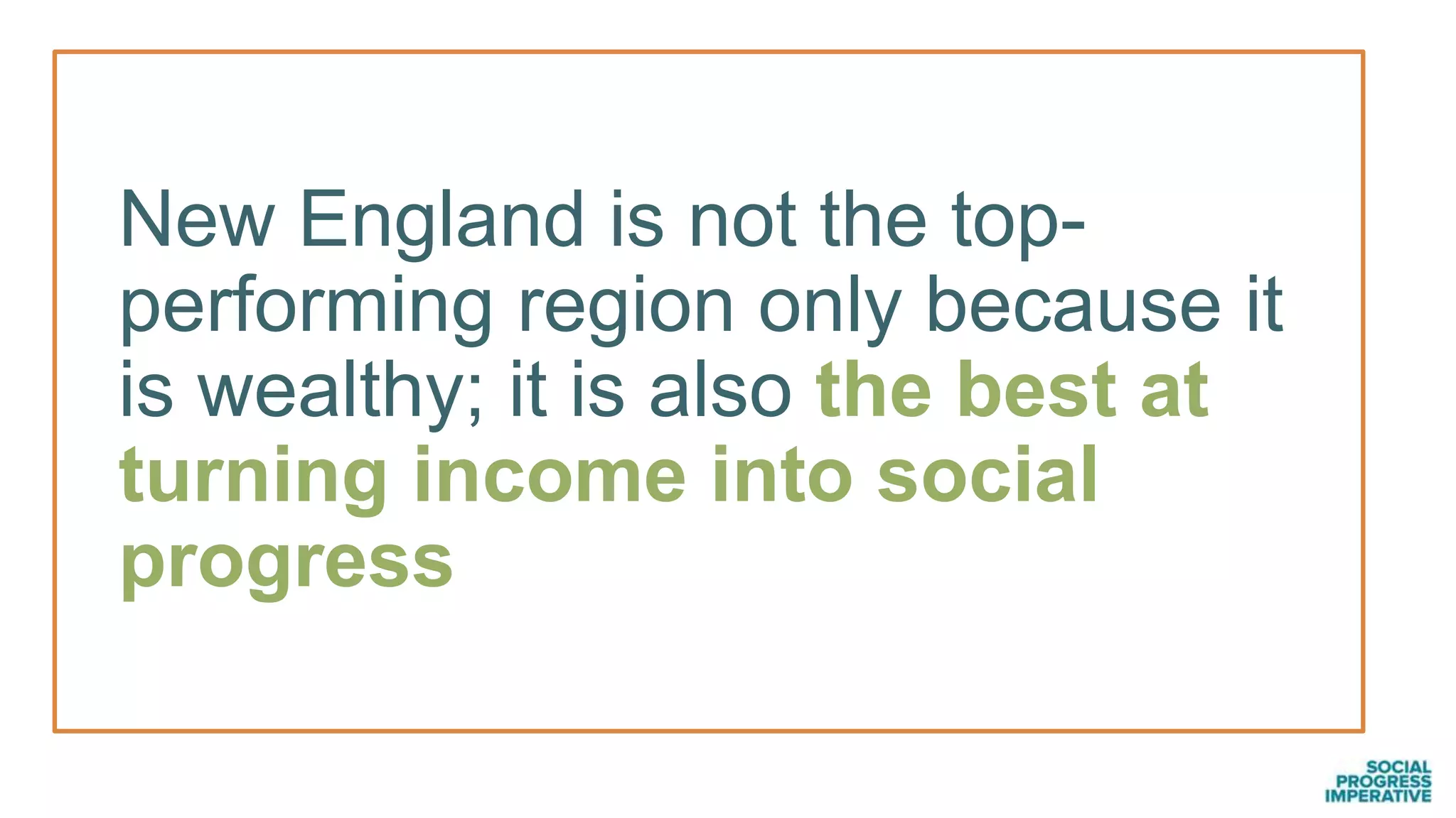 New England is not the top-
performing region only because it
is wealthy; it is also the best at
turning income into social
progress
 
