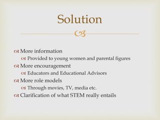 
 More information
 Provided to young women and parental figures
 More encouragement
 Educators and Educational Advisors
 More role models
 Through movies, TV, media etc.
 Clarification of what STEM really entails
Solution
 