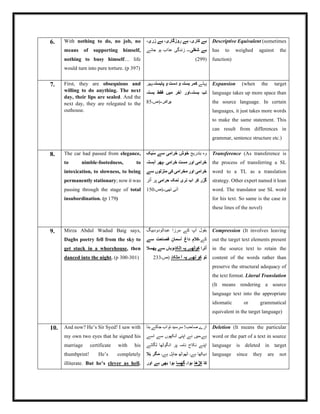 6. With nothing to do, no job, no
means of supporting himself,
nothing to busy himself… life
would turn into pure torture. (p 397)
،‫زری‬ ‫بے‬ ،‫روزگاری‬ ‫بے‬ ،‫کاری‬ ‫بے‬
‫شغلی‬ ‫بے‬
‫جائے‬ ‫ہو‬ ‫عذاب‬ ‫زندگی‬ ‫۔۔۔‬
(299)
Descriptive Equivalent (sometimes
has to weighed against the
function)
7. First, they are obsequious and
willing to do anything. The next
day, their lips are sealed. And the
next day, they are relegated to the
outhouse.
‫پہلے‬
‫پابستہ‬ ‫و‬ ‫دست‬ ‫و‬ ‫بستہ‬ ‫کمر‬
‫۔پھر‬
‫بستہ‬ ‫فقط‬ ‫میں‬ ‫آخر‬ ‫بستہ۔اور‬ ‫لب‬
‫برادر‬
‫۔‬
‫۔(ص۔‬
85
Expansion (when the target
language takes up more space than
the source language. In certain
languages, it just takes more words
to make the same statement. This
can result from differences in
grammar, sentence structure etc.)
8. The car had passed from elegance,
to nimble-footedness, to
intoxication, to slowness, to being
permanently stationary; now it was
passing through the stage of total
insubordination. (p 179)
‫بتدریج‬ ‫وہ‬
‫بک‬ُ‫س‬ ‫سے‬ ‫خرامی‬ ‫خوش‬
‫آہستہ‬ ‫پھر‬، ‫خرامی‬ ‫مست‬ ‫اور‬ ‫خرامی‬
‫سے‬ ‫منزلوں‬ ‫کی‬ ‫مخرامی‬ ‫اور‬ ‫خرامی‬
‫حرامی‬ ‫نمک‬ ‫نری‬ ‫اب‬ ‫کر‬ ‫گزر‬
‫تر‬ُ‫ا‬ ‫پر‬
‫تھی۔‬ ‫آئی‬
‫۔(ص۔‬
150
Transference (As transference is
the process of transferring a SL
word to a TL as a translation
strategy. Other expert named it loan
word. The translator use SL word
for his text. So same is the case in
these lines of the novel)
9. Mirza Abdul Wadud Baig says,
Daghs poetry fell from the sky to
get stuck in a whorehouse, then
danced into the night. (p 300-301)
‫عبدالودودبیگ‬ ‫مرزا‬ ‫کے‬ ‫آپ‬ ‫بقول‬
،‫کے‬
‫سے‬ ‫فصاحت‬ ٕ‫آسمان‬ ‫داغ‬ ٕ‫کالم‬
‫ترا‬ُ‫ا‬
‫اٹکا‬ ‫پہ‬ ‫کوٹھے‬
‫پھسال‬ ‫سے‬ ‫۔وہاں‬
‫تو‬
‫مٹکا۔‬ ‫آ‬ ‫پہ‬ ‫لھے‬ ‫کو‬
‫(ص۔‬
233
Compression (It involves leaving
out the target text elements present
in the source text to retain the
content of the words rather than
preserve the structural adequacy of
the text format. Literal Translation
(It means rendering a source
language text into the appropriate
idiomatic or grammatical
equivalent in the target language)
10. And now? He’s Sir Syed! I saw with
my own two eyes that he signed his
marriage certificate with his
thumbprint! He’s completely
illiterate. But he’s clever as hell.
‫بنا‬ ‫جاکے‬ ‫تواب‬ ‫سرسید‬ !‫صاحب‬ ‫ارے‬
‫اسے‬ ‫سے‬ ‫آنکھوں‬ ‫اپنی‬ ‫نے‬ ‫ہے۔میں‬
‫لگاتے‬ ‫انگوٹھا‬ ‫پر‬ ‫نامہ‬ ‫نکاح‬ ‫اپنے‬
‫ہے۔‬ ‫جاہل‬ ‫ٹھوٹھ‬ ‫ہے۔‬ ‫دیکھا‬
‫َال‬‫ب‬ ‫مگر‬
‫کا‬
‫کڑھا‬
‫ہوا۔‬
‫سا‬ِ‫گھ‬
‫اور‬ ‫ہے‬ ‫بھی‬ ‫ہوا‬
Deletion (It means the particular
word or the part of a text in source
language is deleted in target
language since they are not
 