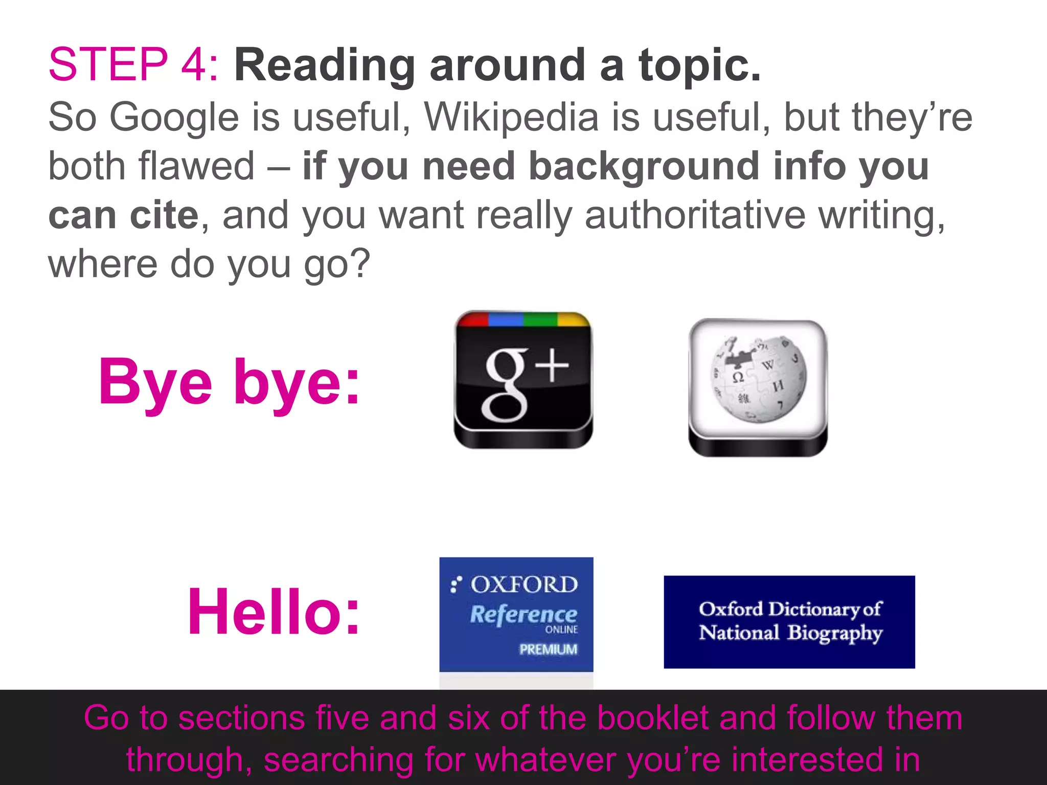 STEP 4: Reading around a topic.
So Google is useful, Wikipedia is useful, but they’re
both flawed – if you need background info you
can cite, and you want really authoritative writing,
where do you go?

Bye bye:

Hello:
Go to sections five and six of the booklet and follow them
through, searching for whatever you’re interested in

 