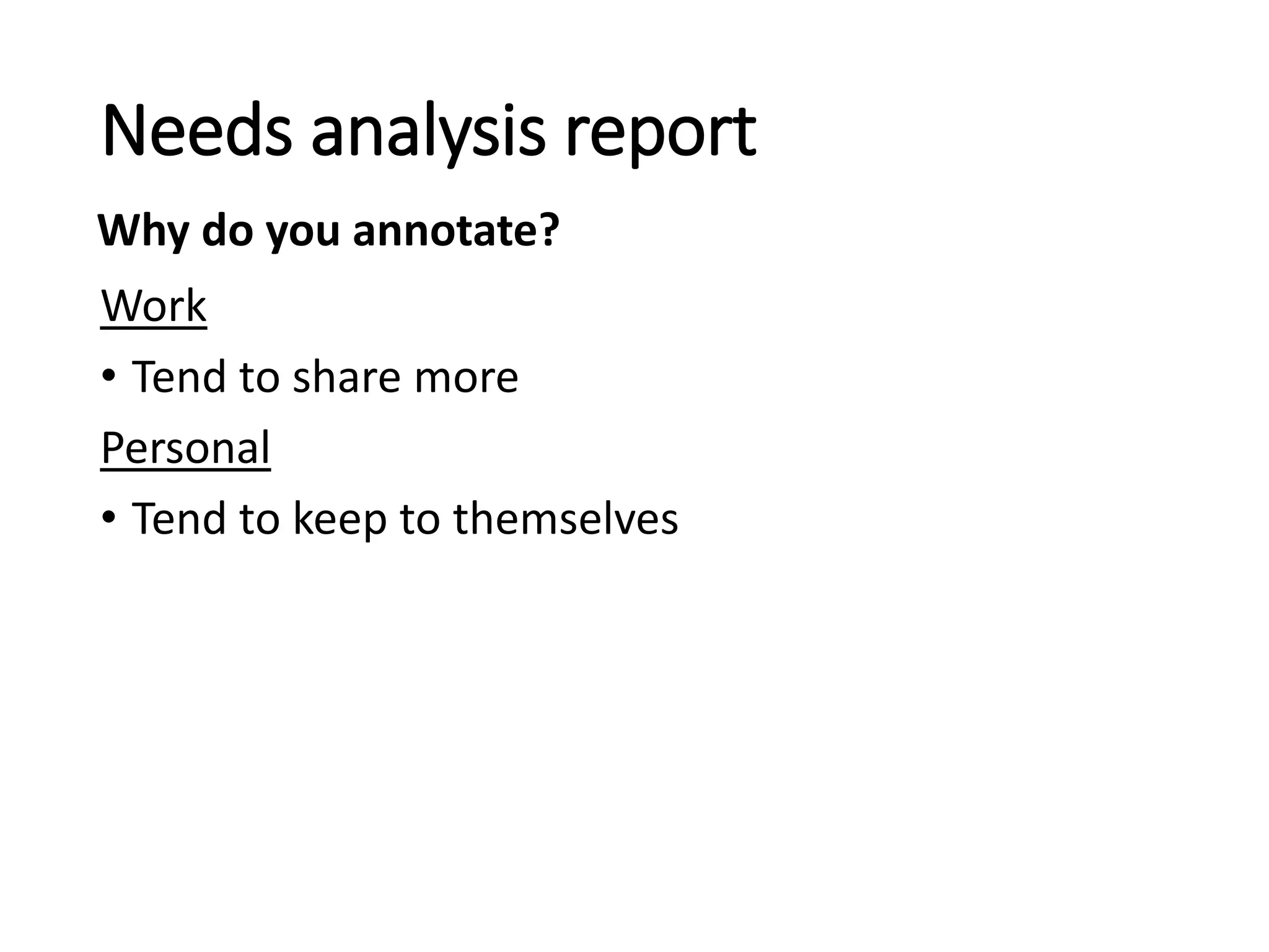 Work
• Tend to share more
Personal
• Tend to keep to themselves
Needs analysis report
Why do you annotate?
 