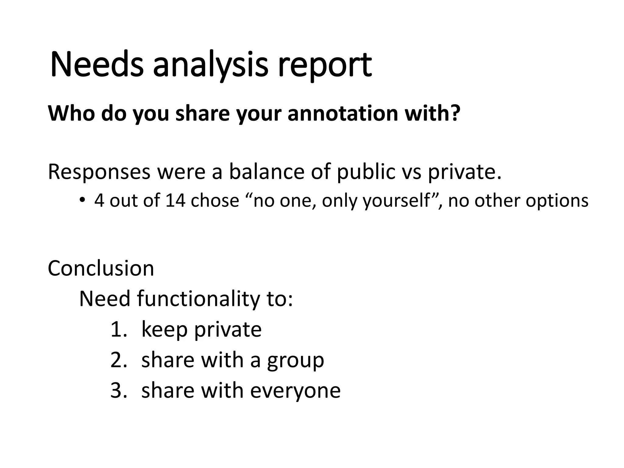 Responses were a balance of public vs private.
• 4 out of 14 chose “no one, only yourself”, no other options
Conclusion
Need functionality to:
1. keep private
2. share with a group
3. share with everyone
Needs analysis report
Who do you share your annotation with?
 
