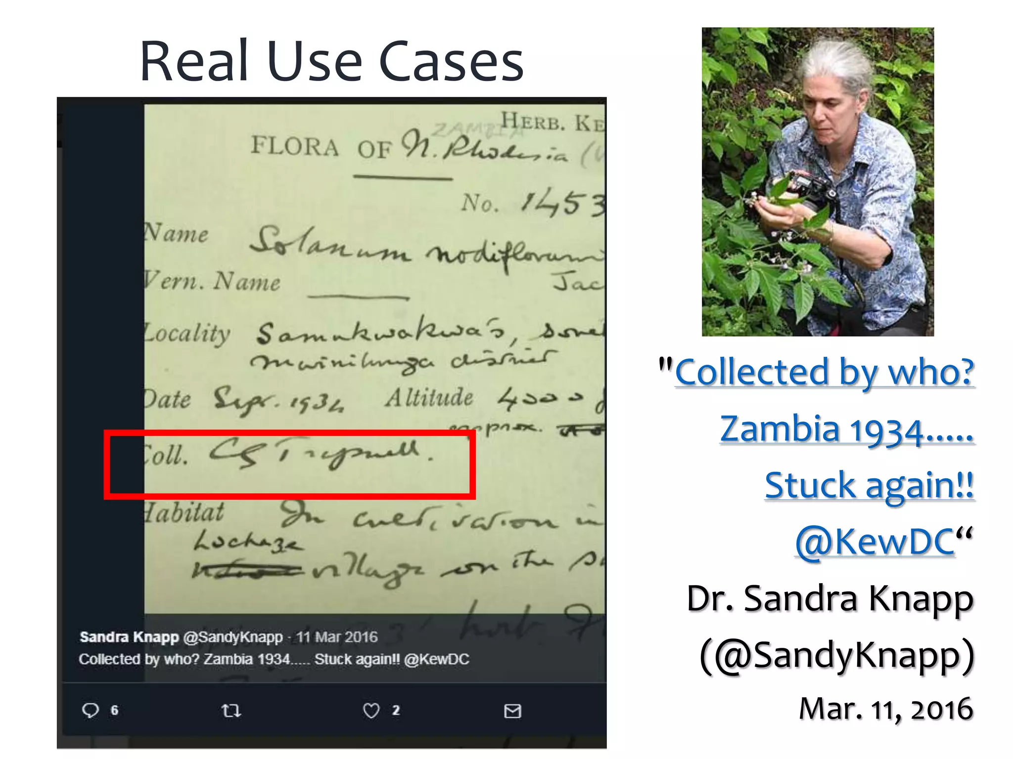 Real Use Cases
"Collected by who?
Zambia 1934.....
Stuck again!!
@KewDC“
Dr. Sandra Knapp
(@SandyKnapp)
Mar. 11, 2016
 