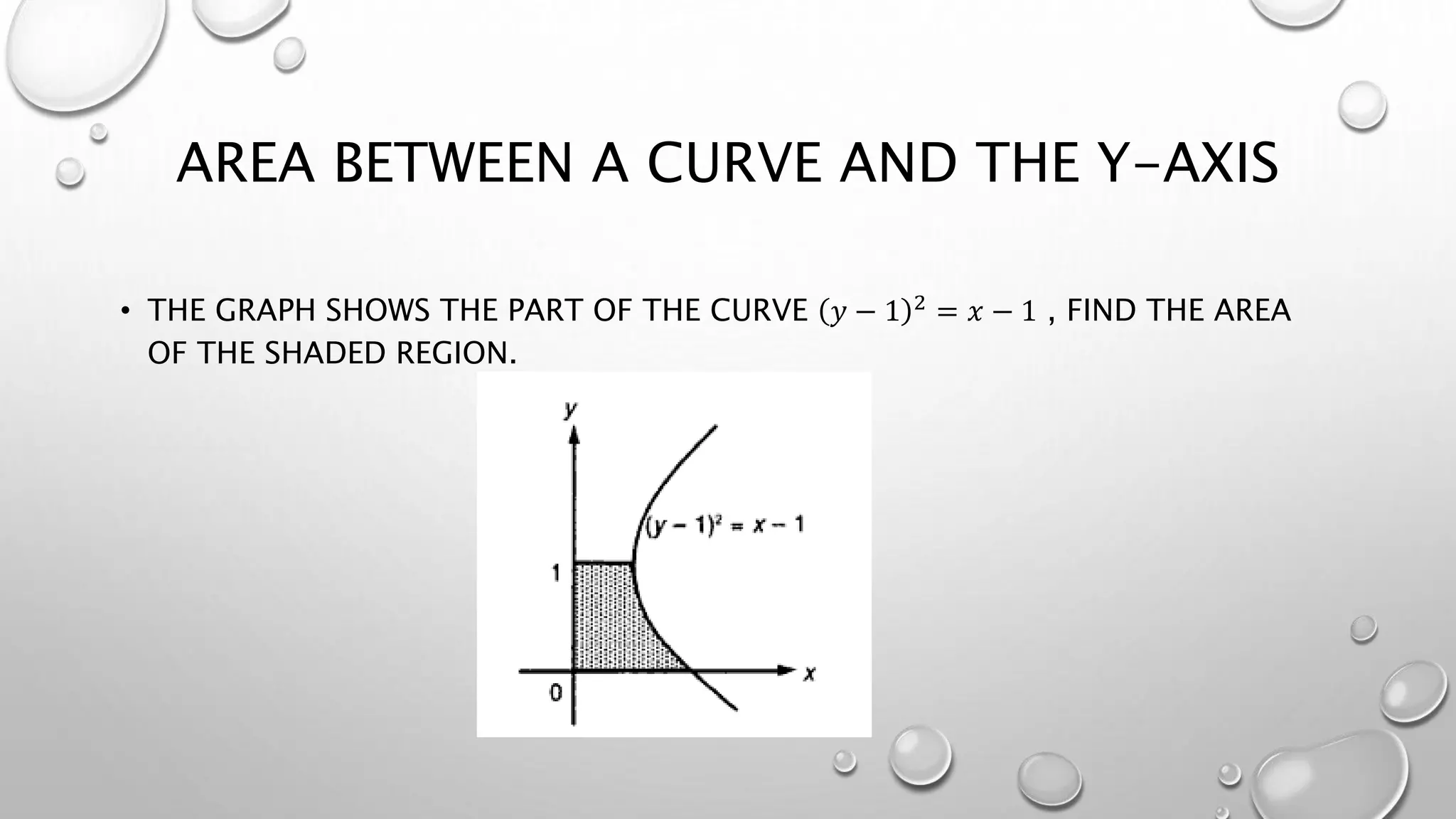 AREA BETWEEN A CURVE AND THE Y-AXIS
• THE GRAPH SHOWS THE PART OF THE CURVE 𝑦 − 1 2 = 𝑥 − 1 , FIND THE AREA
OF THE SHADED REGION.
 
