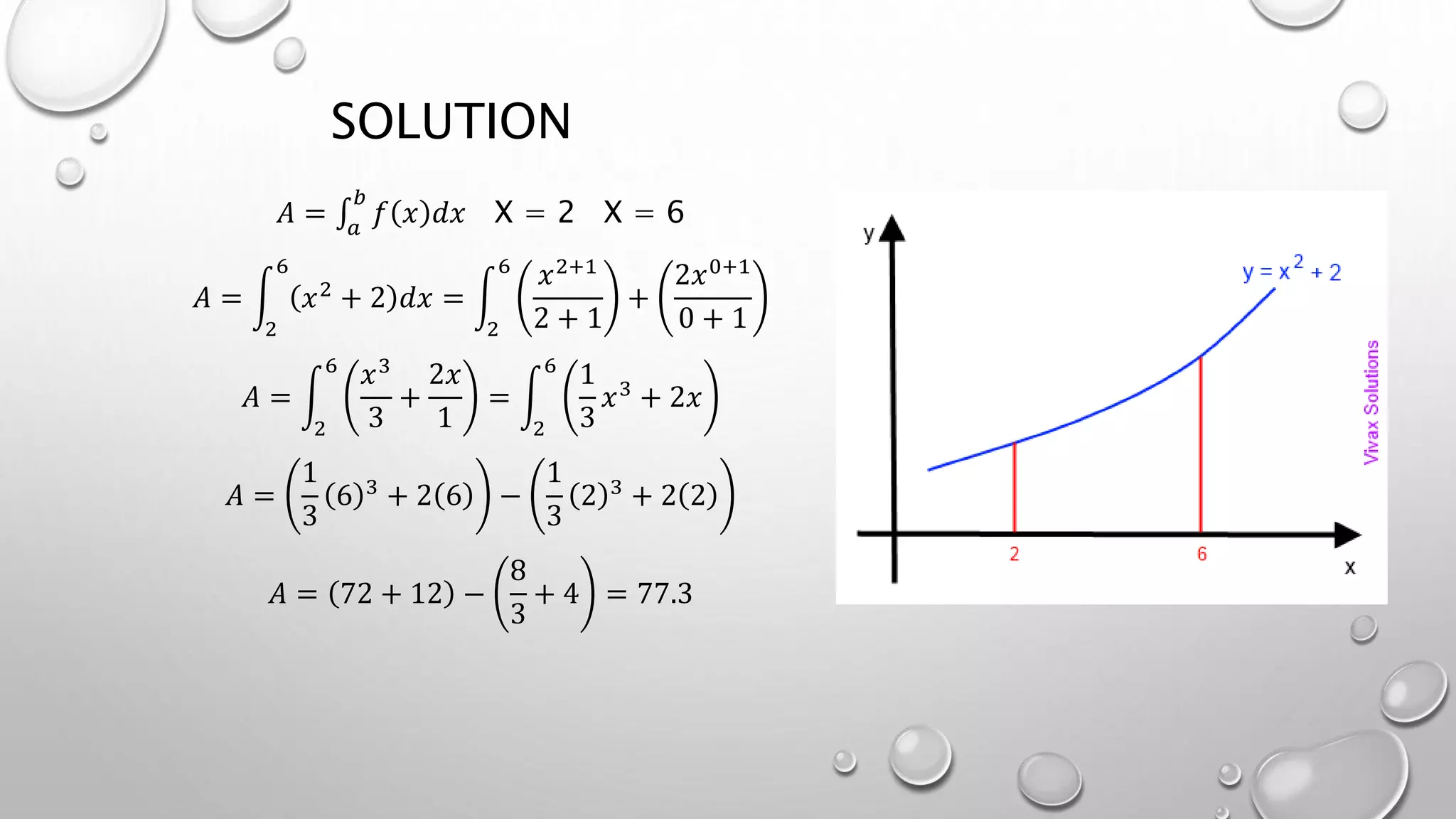 SOLUTION
𝐴 = 𝑎
𝑏
𝑓 𝑥 𝑑𝑥 X = 2 X = 6
𝐴 =
2
6
𝑥2 + 2 𝑑𝑥 =
2
6
𝑥2+1
2 + 1
+
2𝑥0+1
0 + 1
𝐴 =
2
6
𝑥3
3
+
2𝑥
1
=
2
6
1
3
𝑥3 + 2𝑥
𝐴 =
1
3
6 3
+ 2 6 −
1
3
2 3
+ 2 2
𝐴 = 72 + 12 −
8
3
+ 4 = 77.3
 