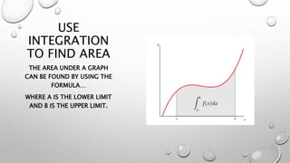 USE
INTEGRATION
TO FIND AREA
THE AREA UNDER A GRAPH
CAN BE FOUND BY USING THE
FORMULA…
WHERE A IS THE LOWER LIMIT
AND B IS THE UPPER LIMIT.
 