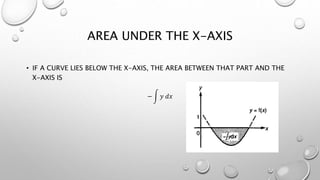 AREA UNDER THE X-AXIS
• IF A CURVE LIES BELOW THE X-AXIS, THE AREA BETWEEN THAT PART AND THE
X-AXIS IS
− 𝑦 𝑑𝑥
 