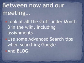 When we meet in-person…You’ll learn how to use Delicious to organize your bookmarksNext in-person meetings (always available on the wiki in the Calendar):Sanford - Monday, Oct 11th, 4:45-6:45pmSouth - Tuesday, Oct 26th, 4-6pmSouthwest - Thursday, Oct 28th, 4-6pm