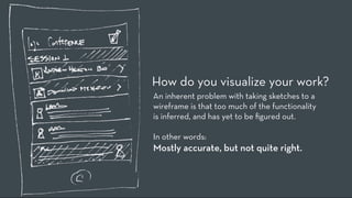 How do you visualize your work?
An inherent problem with taking sketches to a
wireframe is that too much of the functionality
is inferred, and has yet to be ﬁgured out.

In other words:
Mostly accurate, but not quite right.
 