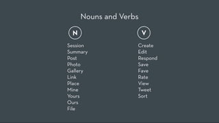 Nouns and Verbs
 N                     V
Session            Create
Summary            Edit
Post               Respond
Photo              Save
Gallery            Fave
Link               Rate
Place              View
Mine               Tweet
Yours              Sort
Ours
File
 