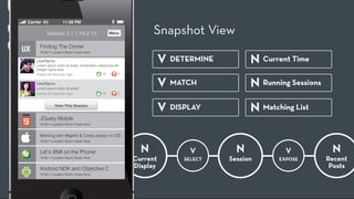 Carrier              11:58 PM

                                                      Menu            Snapshot View
       Finding The Center
UX
     Lorem ipsum dolor sit amet, consectetur adipiscing elit.
                                                                          V DETERMINE         N Current Time
     Integer ligula ante.
     Posted 20 Seconds Ago                      16         3



     Lorem ipsum dolor sit amet!
                                                                          V MATCH             N Running Sessions
     Posted 20 Seconds Ago                       16        3


                 View This Session
                                                                          V DISPLAY           N Matching List


                                                                  N              V        N            V            N
                                                                Current        SELECT   Session      EXPOSE        Recent
                                                                Display                                             Posts
 