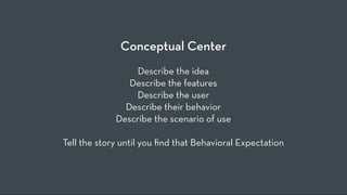 Conceptual Center
                  Describe the idea
                Describe the features
                 Describe the user
               Describe their behavior
             Describe the scenario of use

Tell the story until you ﬁnd that Behavioral Expectation
 