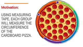 USING MEASURING
TAPE, EACH GROUP
WILL MEASURE THE
CIRCUMFERENCE
OF THE
CARDBOARD PIZZA.
Motivation:
 