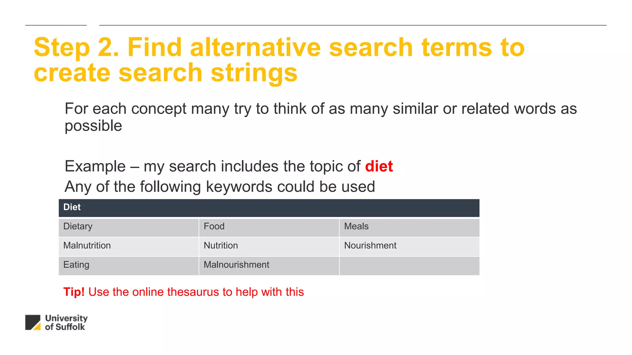 For each concept many try to think of as many similar or related words as
possible
Example – my search includes the topic of diet
Any of the following keywords could be used
Step 2. Find alternative search terms to
create search strings
Diet
Dietary Food Meals
Malnutrition Nutrition Nourishment
Eating Malnourishment
Tip! Use the online thesaurus to help with this
 