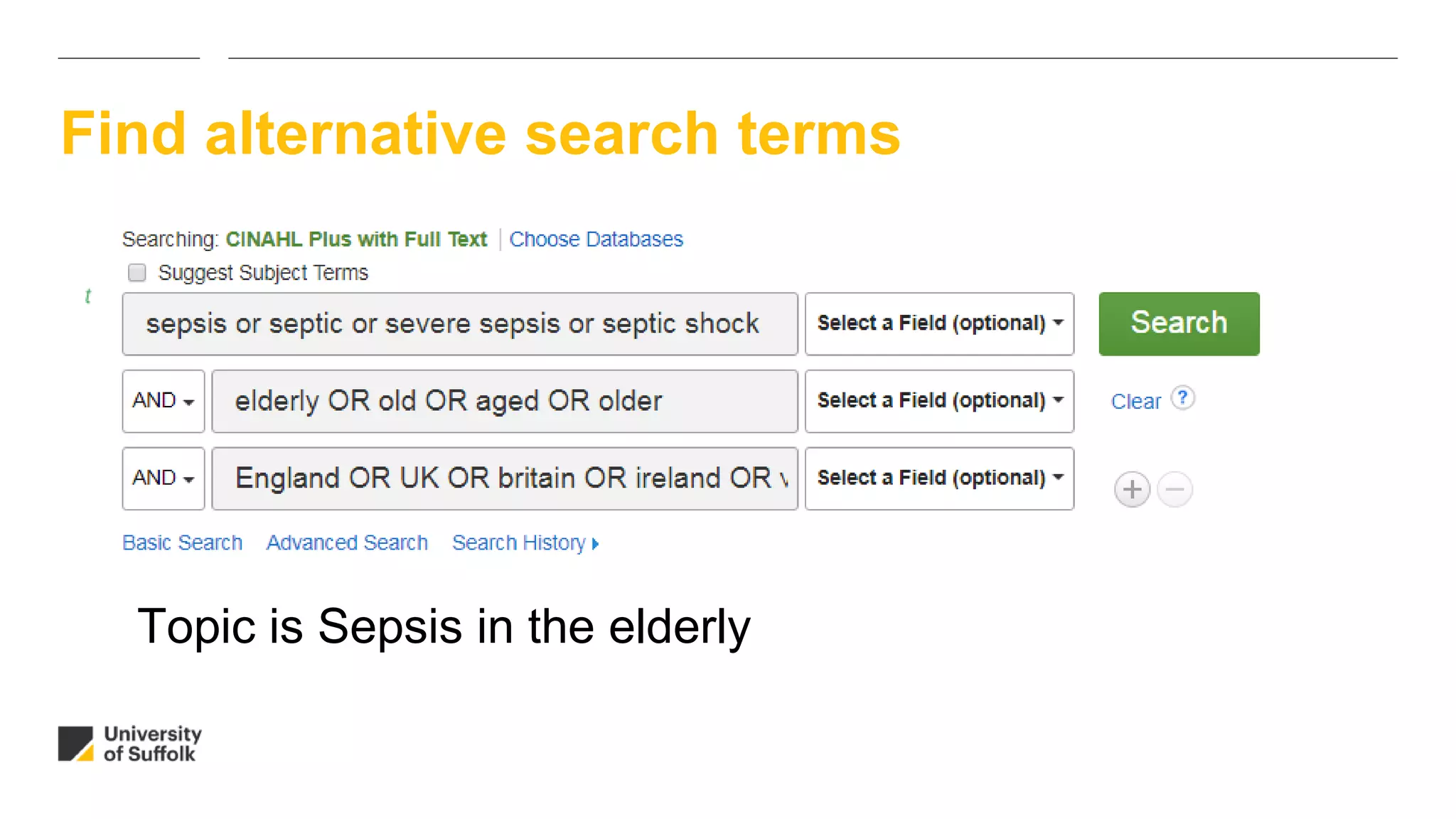 Find alternative search terms
Topic is Sepsis in the elderly
 