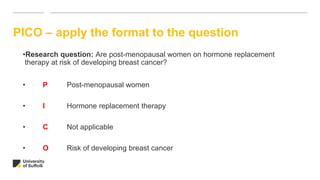 PICO – apply the format to the question
•Research question: Are post-menopausal women on hormone replacement
therapy at risk of developing breast cancer?
• P Post-menopausal women
• I Hormone replacement therapy
• C Not applicable
• O Risk of developing breast cancer
 