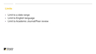 Limits
• Limit to a date range
• Limit to English language
• Limit to Academic Journal/Peer review
 