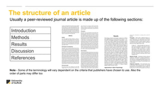 The structure of an article
Usually a peer-reviewed journal article is made up of the following sections:
Note - Some of the terminology will vary dependent on the criteria that publishers have chosen to use. Also the
order of parts may differ too
Introduction
Methods
Results
Discussion
References
 