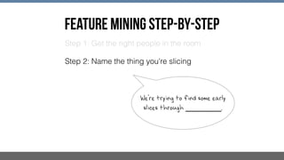 FEATURE MINING STEP-BY-STEP
Step 1: Get the right people in the room
Step 2: Name the thing you're slicing
We're trying to find some early
slices through ________.
 