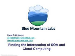 David S. Linthicum
                           david@bluemountainlabs.com
                           www.bluemountainlabs.com

                               Finding the Intersection of SOA and
                                        Cloud Computing
© 2006 The Linthicum Group. All Rights Reserved.
Reproduction without prior written permission is strictly prohibited.
 
