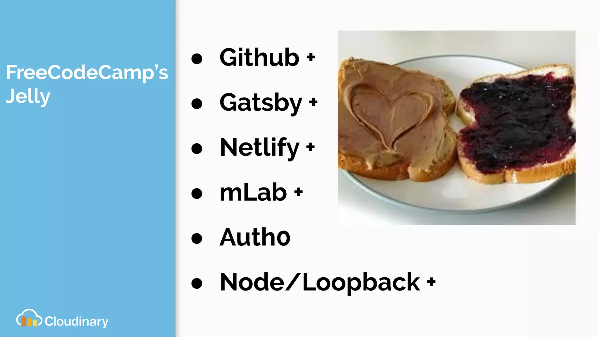 FreeCodeCamp’s
Jelly
● Github +
● Gatsby +
● Netlify +
● mLab +
● Auth0
● Node/Loopback +
 