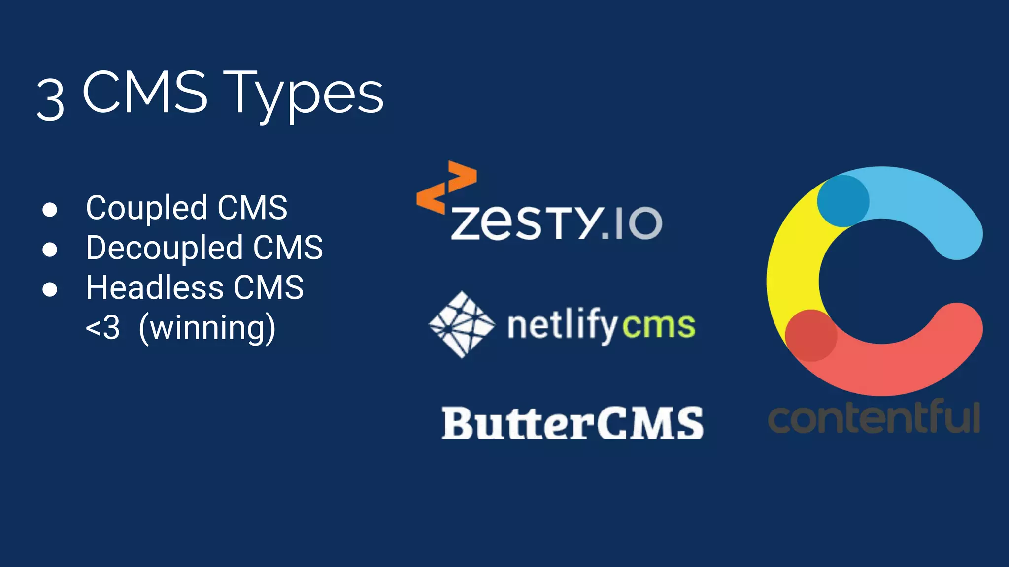 3 CMS Types
● Coupled CMS
● Decoupled CMS
● Headless CMS
<3 (winning)
 