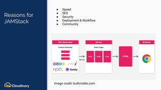 Reasons for
JAMStack
● Speed
● SEO
● Security
● Deployment & Workﬂow
● Community
Image credit: builtvisible.com
 