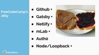 FreeCodeCamp’s
Jelly
● Github +
● Gatsby +
● Netlify +
● mLab +
● Auth0
● Node/Loopback +
 