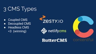 3 CMS Types
● Coupled CMS
● Decoupled CMS
● Headless CMS
<3 (winning)
 