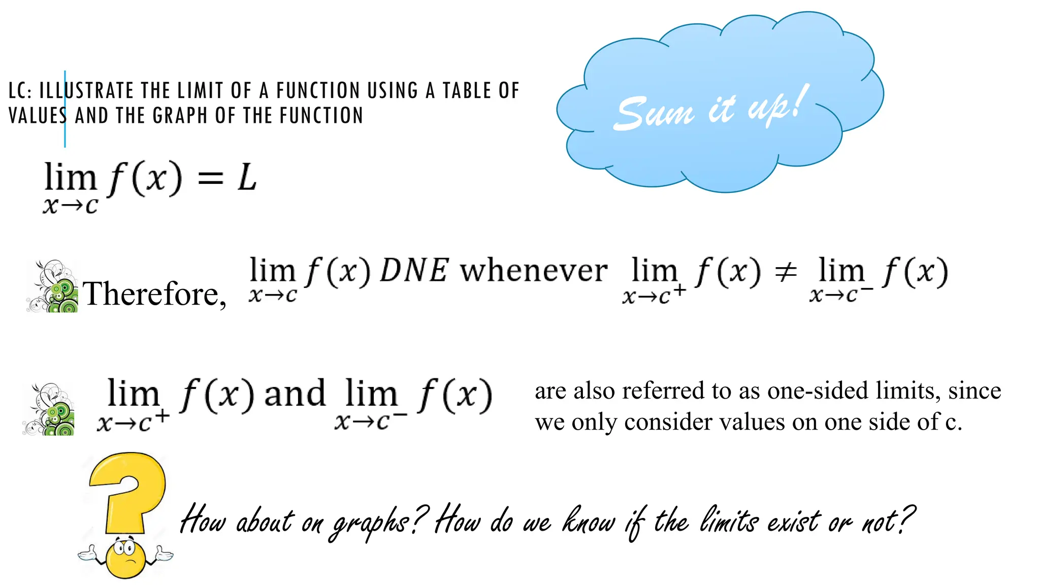 LC: ILLUSTRATE THE LIMIT OF A FUNCTION USING A TABLE OF
VALUES AND THE GRAPH OF THE FUNCTION
Therefore,
Sum it up!
are also referred to as one-sided limits, since
we only consider values on one side of c.
How about on graphs? How do we know if the limits exist or not?
 