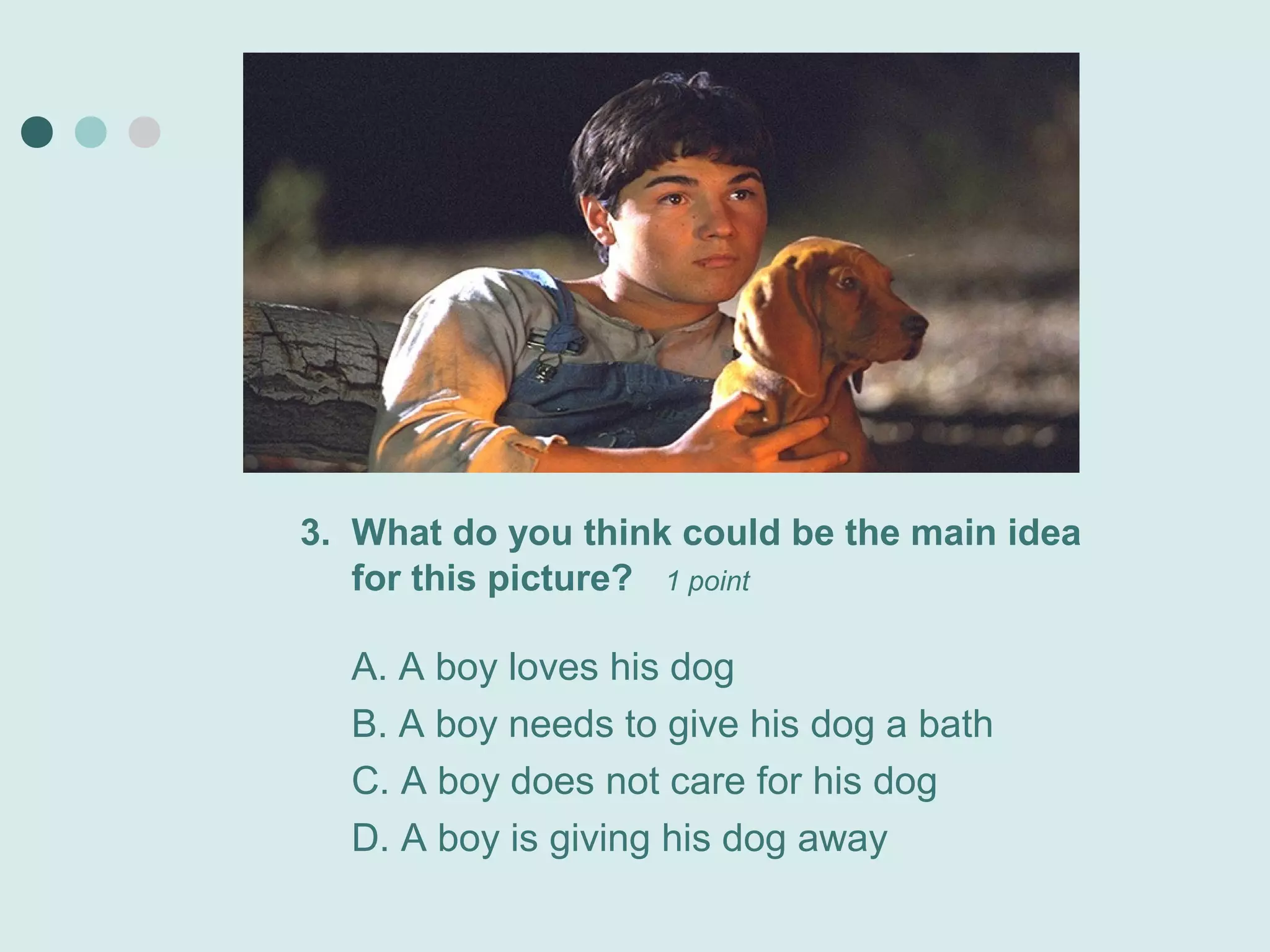 3. What do you think could be the main idea
   for this picture? 1 point

  A. A boy loves his dog
  B. A boy needs to give his dog a bath
  C. A boy does not care for his dog
  D. A boy is giving his dog away
 