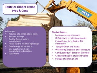 Route 2: Timber Frame
     Pros & Cons




Advantages...                           Disadvantages...
• Reduced Site skilled labour costs.
                                        • Long procurement process
• Reduced wastage
• Quality Control factory               • Deficiency in on site fixing quality
   manufactured                         • Probably not for effective DIY
• Faster build to weather tight stage       installation
• Good energy performance .             • Transportation and access
• One supplier for design ,             • Weathering exposure prior to closure
   manufacture and erection.
• Sustainable                           • Combustibility of part built structure
                                        • Critical setting out of ground works
                                        • Storage of panels on site
 