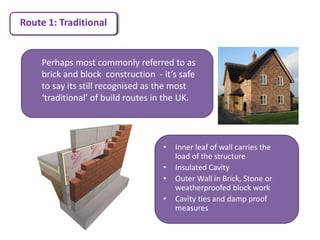 Route 1: Traditional


    Perhaps most commonly referred to as
    brick and block construction - it’s safe
    to say its still recognised as the most
    ‘traditional’ of build routes in the UK.




                                   •   Inner leaf of wall carries the
                                       load of the structure
                                   •   Insulated Cavity
                                   •   Outer Wall in Brick, Stone or
                                       weatherproofed block work
                                   •   Cavity ties and damp proof
                                       measures
 
