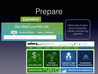 Prepare
Utilize tools to learn
about companies,
industry and earning
potential
 