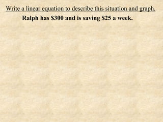 Write a linear equation to describe this situation and graph.
      Ralph has $300 and is saving $25 a week.
 