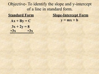 Objective- To identify the slope and y-intercept
          of a line in standard form.
Standard Form            Slope-Intercept Form
 Ax + By = C                 y = mx + b
  3x + 2y = 8
 -3x        -3x
 
