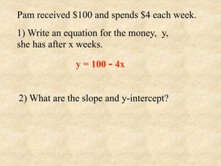 Pam received $100 and spends $4 each week.
1) Write an equation for the money, y,
she has after x weeks.

              y = 100 - 4x


2) What are the slope and y-intercept?
 